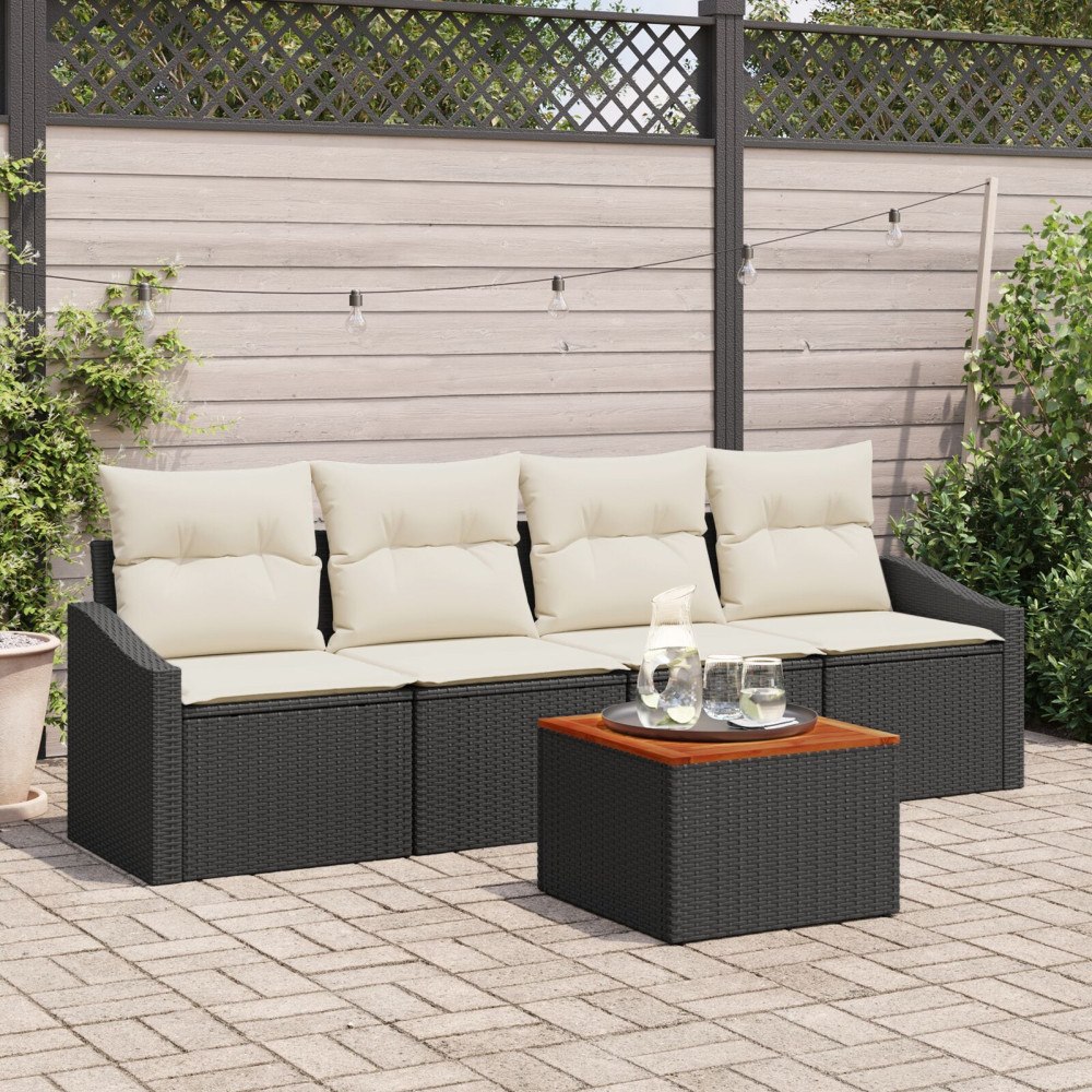 vidaXL Set med 5 trädgårdsoffor med kuddar Svart Poly Rattan Akacia