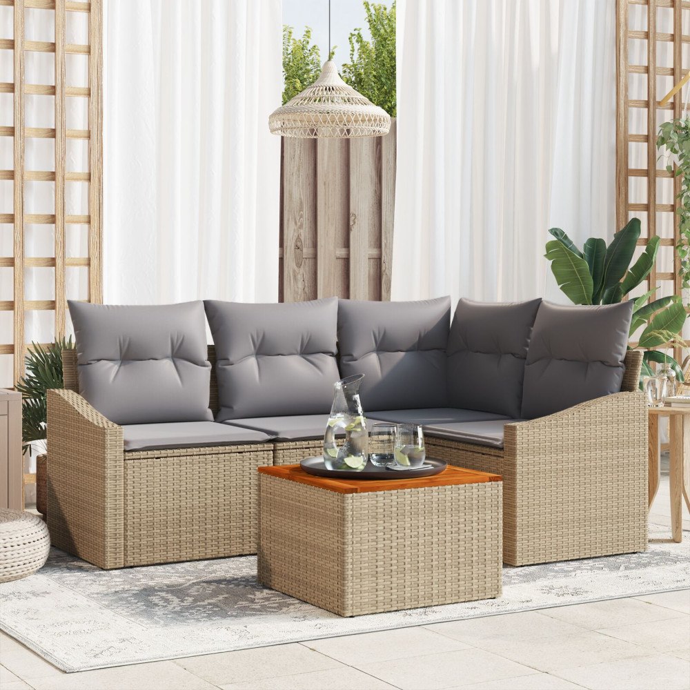 vidaXL 5 Delars Trädgårdssoffset med Kuddar Beige Poly Rottning Akacia