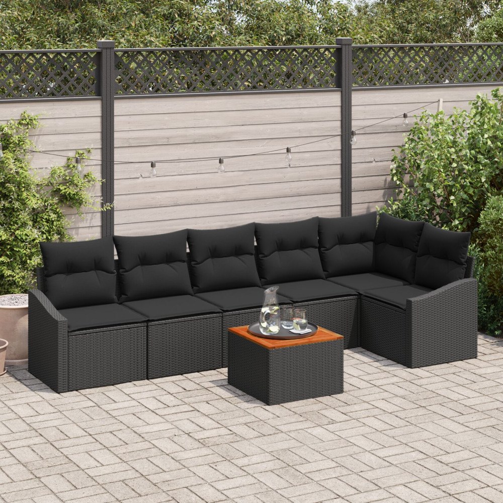 vidaXL 7-delat trädgårdsoff set med kuddar svart poly rattan akacia