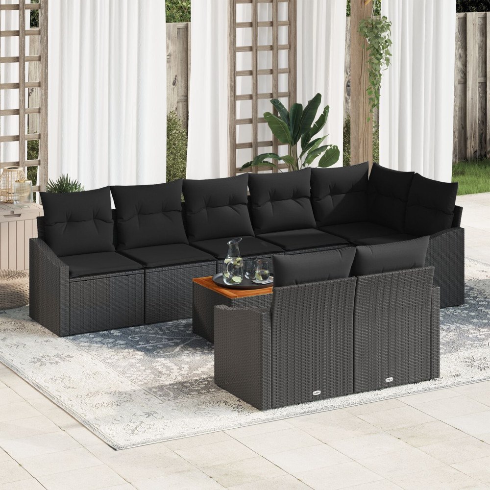 vidaXL 9-delars Trädgårdsoff Set med Kuddar Svart Poly Rattan Akacia