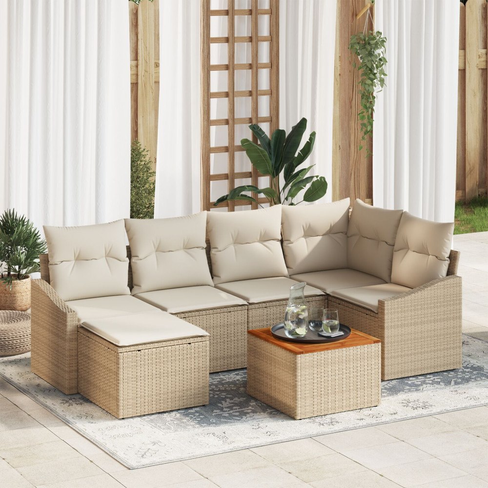 vidaXL 7-delad trädgårdsoffasett med kuddar beige polyrotting akacia