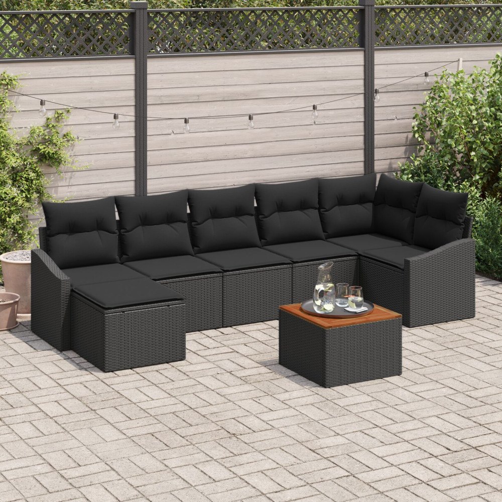 vidaXL 8-delad trädgårdsoffasett med kuddar svart poly rattan akacia