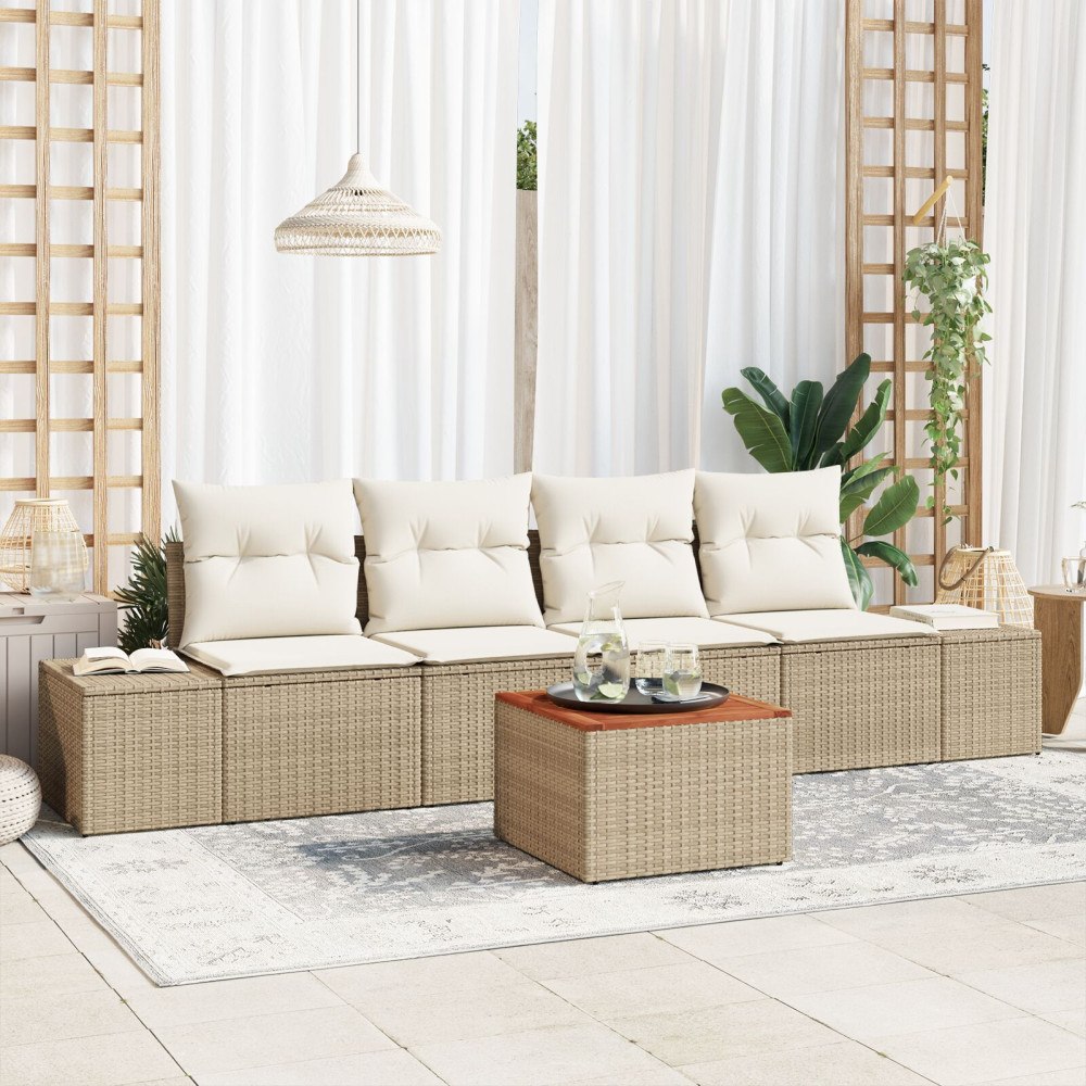 vidaXL s 5-delade trädgårdsoffgrupp med kuddar Beige polyrotting Akacia