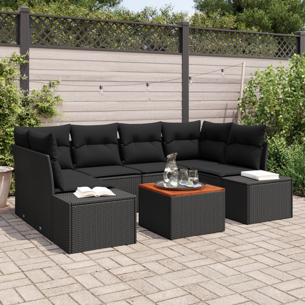 vidaXL 7-delat Trädgårdsoffasett med Kuddar Svart Poly Rattan Acacia