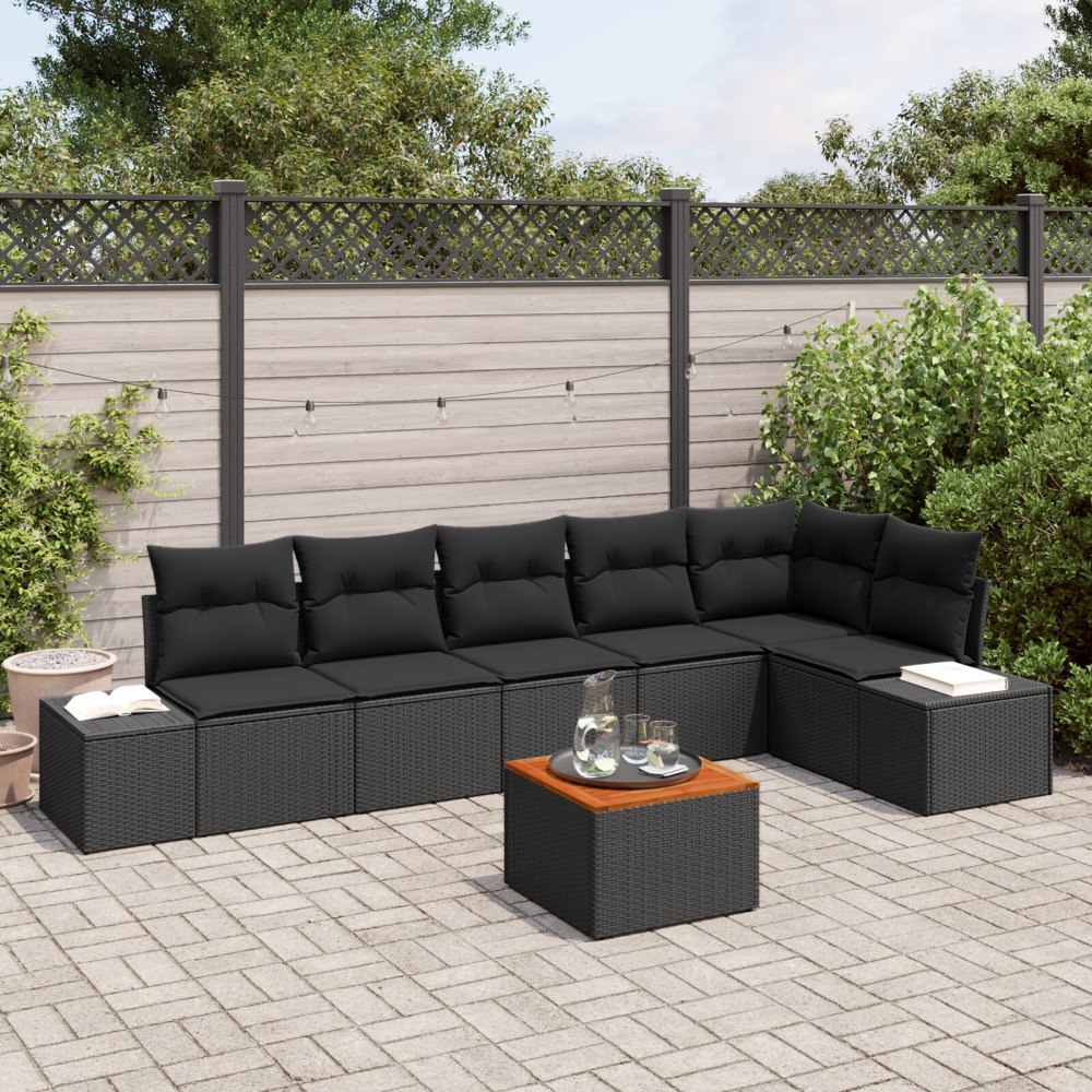 vidaXL 7-delat Trädgårdsoffset med Kuddar Svart Poly Rattan Akacia