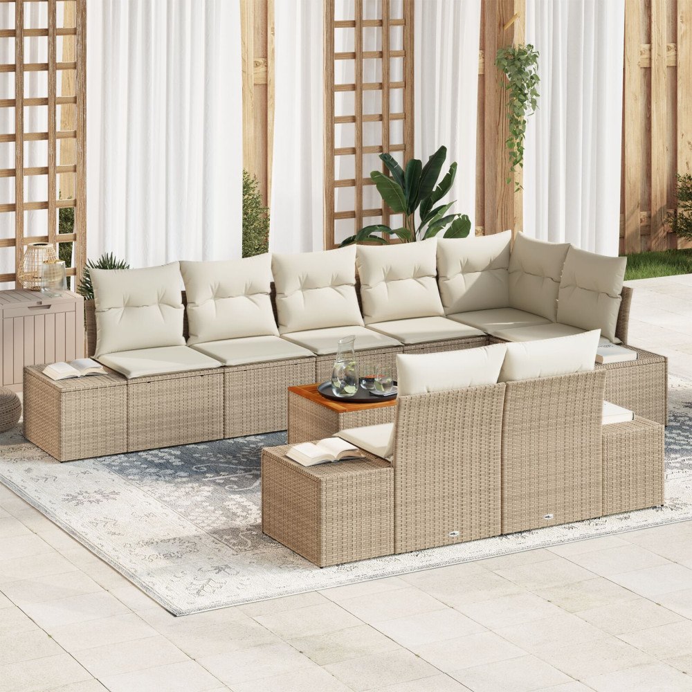 vidaXL 9-delat trädgårdsoffset med kuddar beige poly rattan akacia