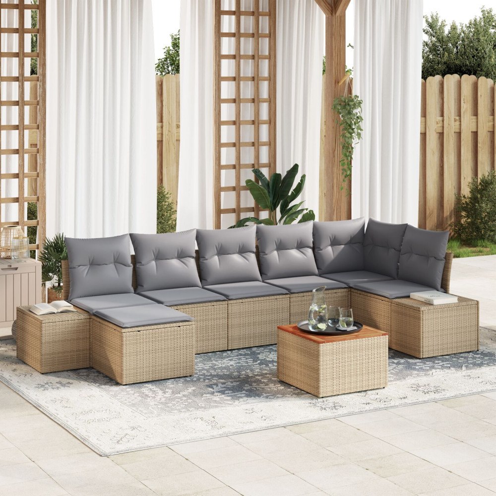 vidaXL 8-delars trädgårdssoff-set med kuddar beige polyrotting akacia
