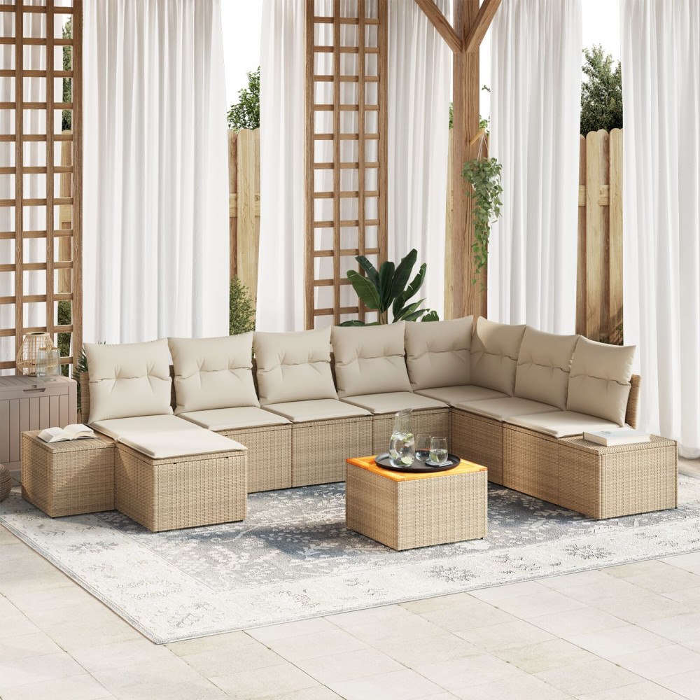 vidaXL 9-delad trädgårdsoffagrupp med kuddar Beige Poly Rattan Akacia