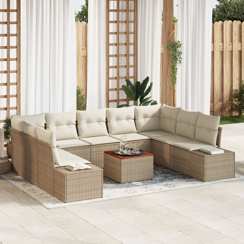 vidaXL 10 Delars Trädgårdsoffset med Kuddar Beige Poly Rattan Akacia