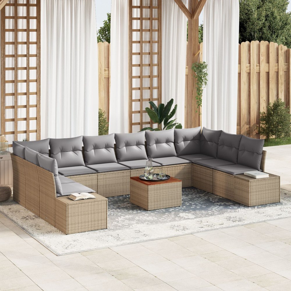 vidaXL 11-delars trädgårdsoffset med kuddar Beige Poly Rattan Acacia