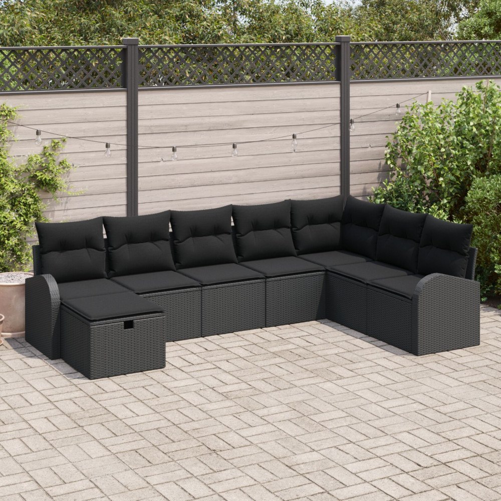 vidaXL 8-delade trädgårdsoffset med kuddar svart poly rattan