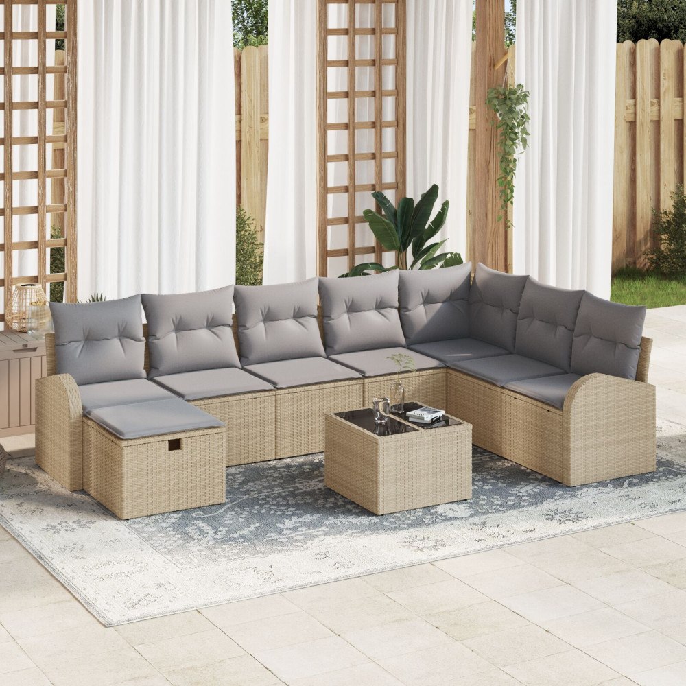 vidaXL 9-delat trädgårdsoffasett med kuddar beige poly-rotting