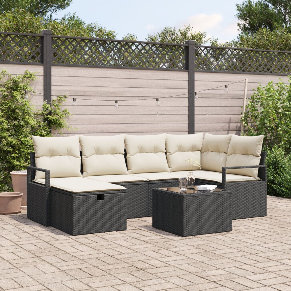 vidaXL 7-delars Trädgårdsoffuppsättning med Kuddar Svart Poly Rattan, vidaXL 2-sits Trädgårdsoffa med Kuddar Svart Poly Rattan