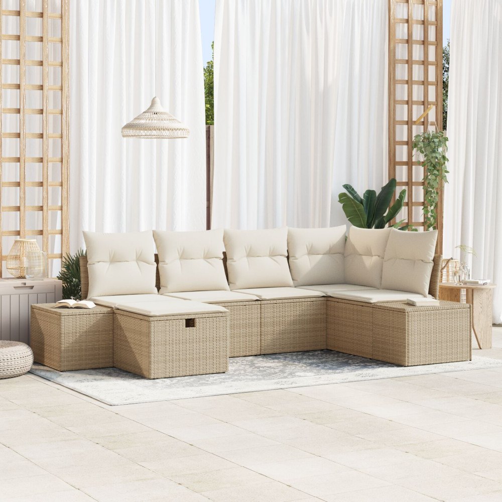 vidaXL 6-delars Trädgårdsoffasett med Kuddar Beige Poly Rattan
