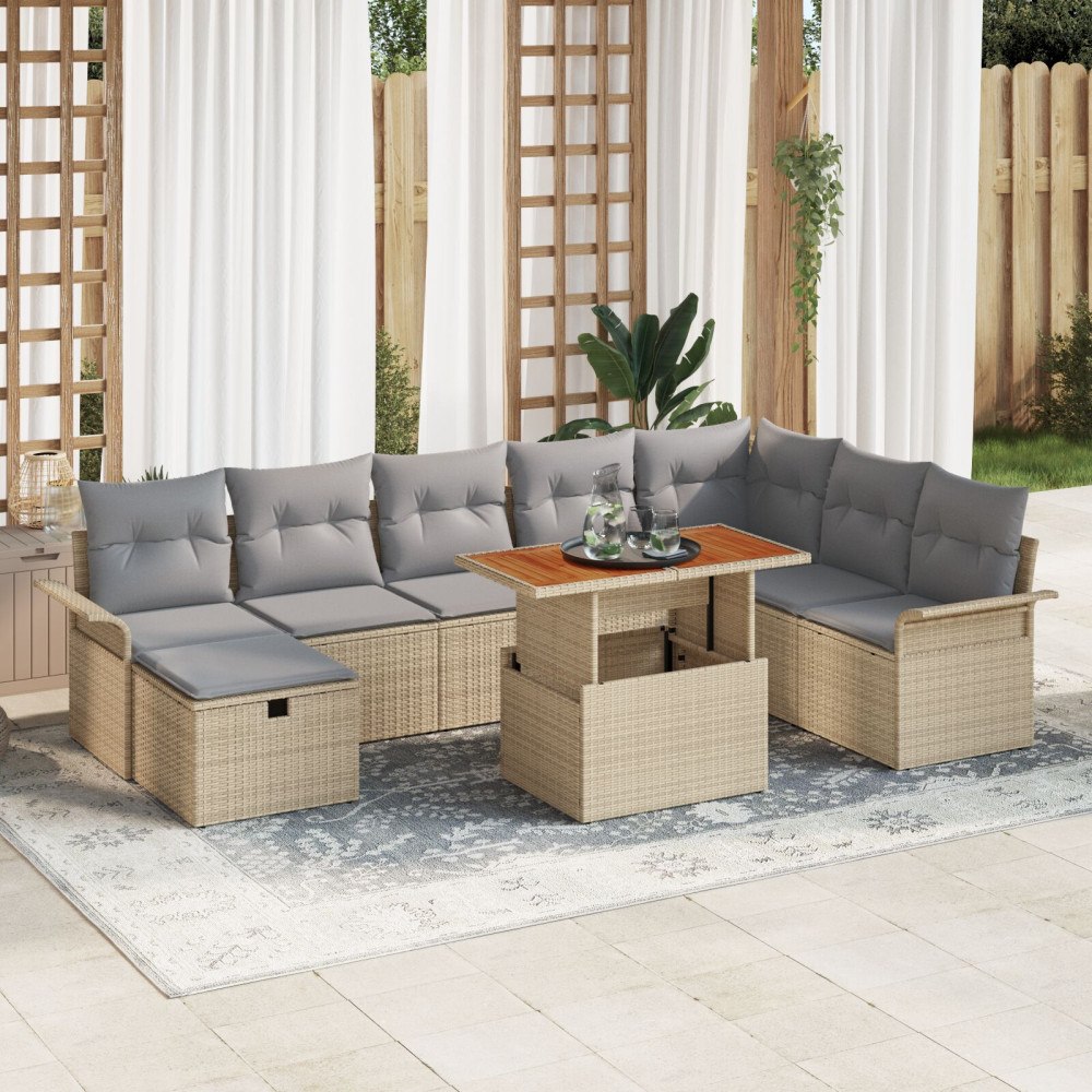 vidaXL 9-delat Trädgårdsoffaset med kuddar Beige Poly Rotting