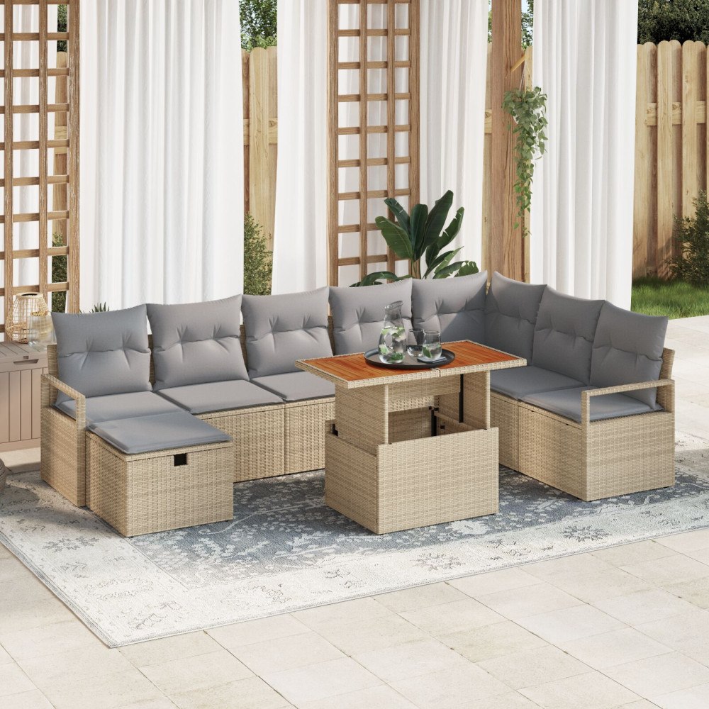vidaXL 9-delars Trädgårdssoff-set med kuddar Beige Polyrattan, vidaXL 2-sits Trädgårdssoffa med kuddar Beige Polyrattan