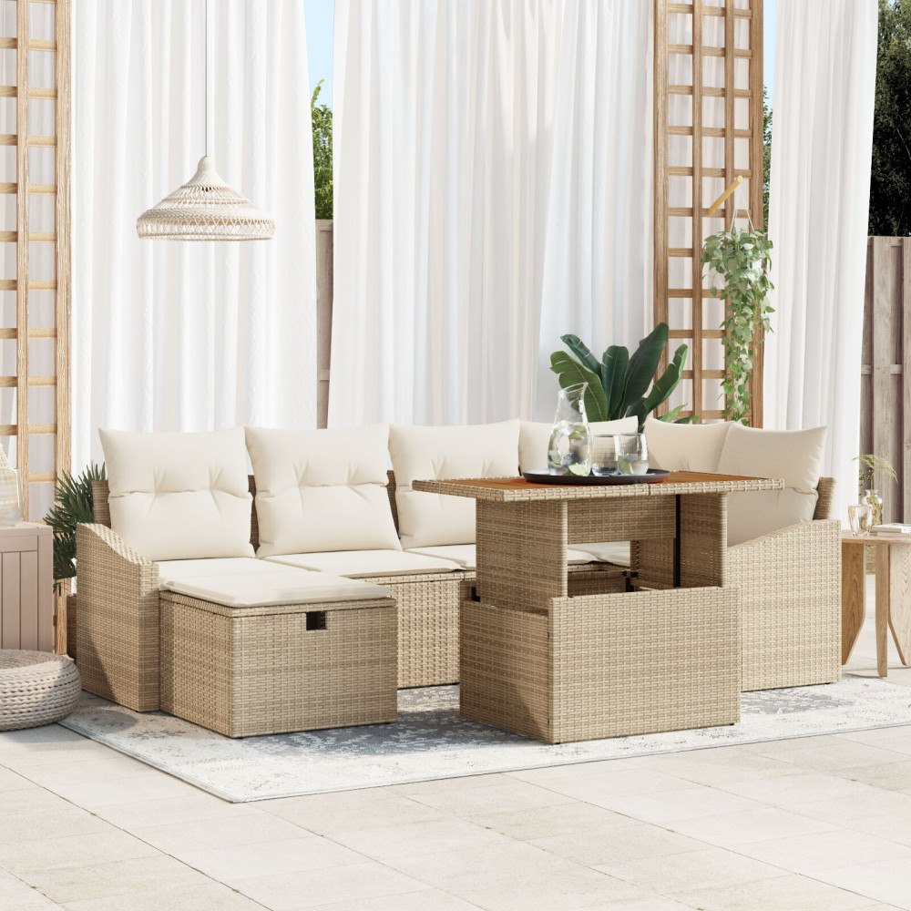 vidaXL 7-delars trädgårdsoff-set med kuddar beige poly rotting