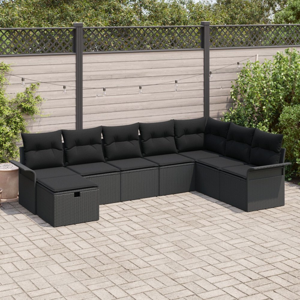 vidaXL 8-delars trädgårdsoff set med kuddar svart poly rattan, vidaXL 2-sits trädgårsoffa med förvaring och kuddar svart poly r...