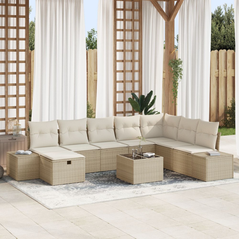 vidaXL 9-delars Trädgårdsoffaset med Kuddar Beige Poly Rattan