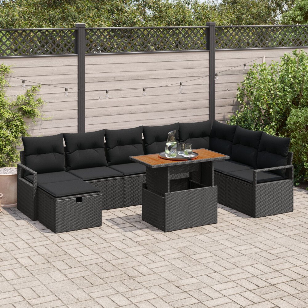 vidaXL 9-delat Trädgårdsoffmöbelset med kuddar Svart Poly Rattan, vidaXL 2-sits Trädgårdsoffa med förvaring & kuddar Svart Poly...