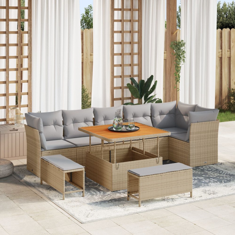 vidaXL Trädgårdsoffset 9 st Beige konstrotting