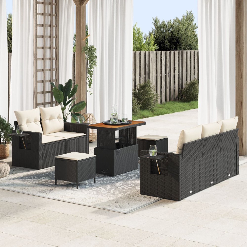 vidaXL 8-delat Trädgårdsoff-set med Kuddar Svart Poly Rattan Akacia, vidaXL 3-delat Trädgårdsdining-set med Kuddar Svart Poly R...