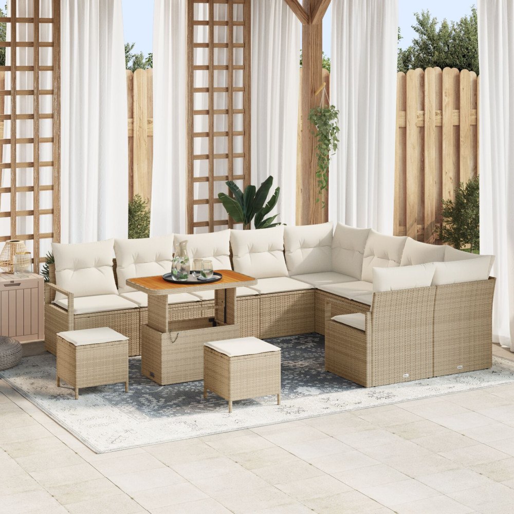 vidaXL 12-delars trädgårdsoffasett med kuddar beige poly rattan akacia, vidaXL 2-sits trädgårdsoffa med förvaring & kuddar beig...