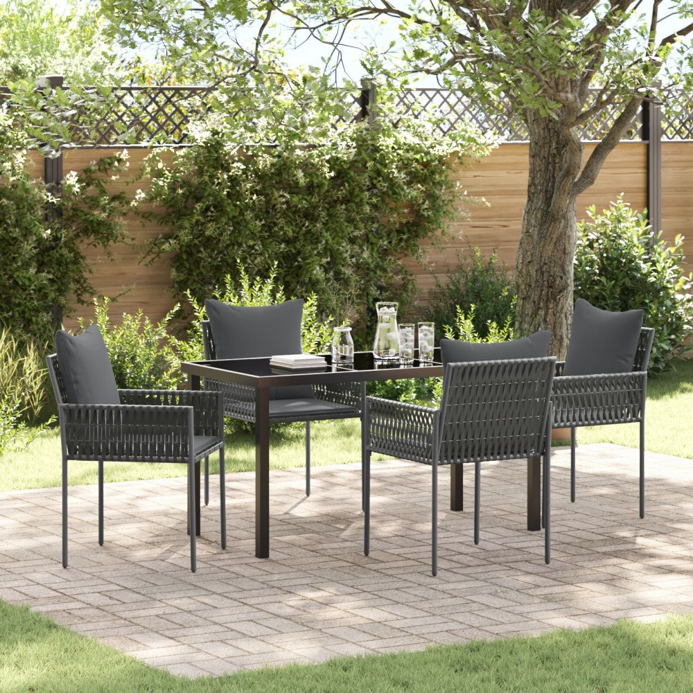 vidaXL 5-delars Trädgårds-dining set med kuddar Svart Poly rotting