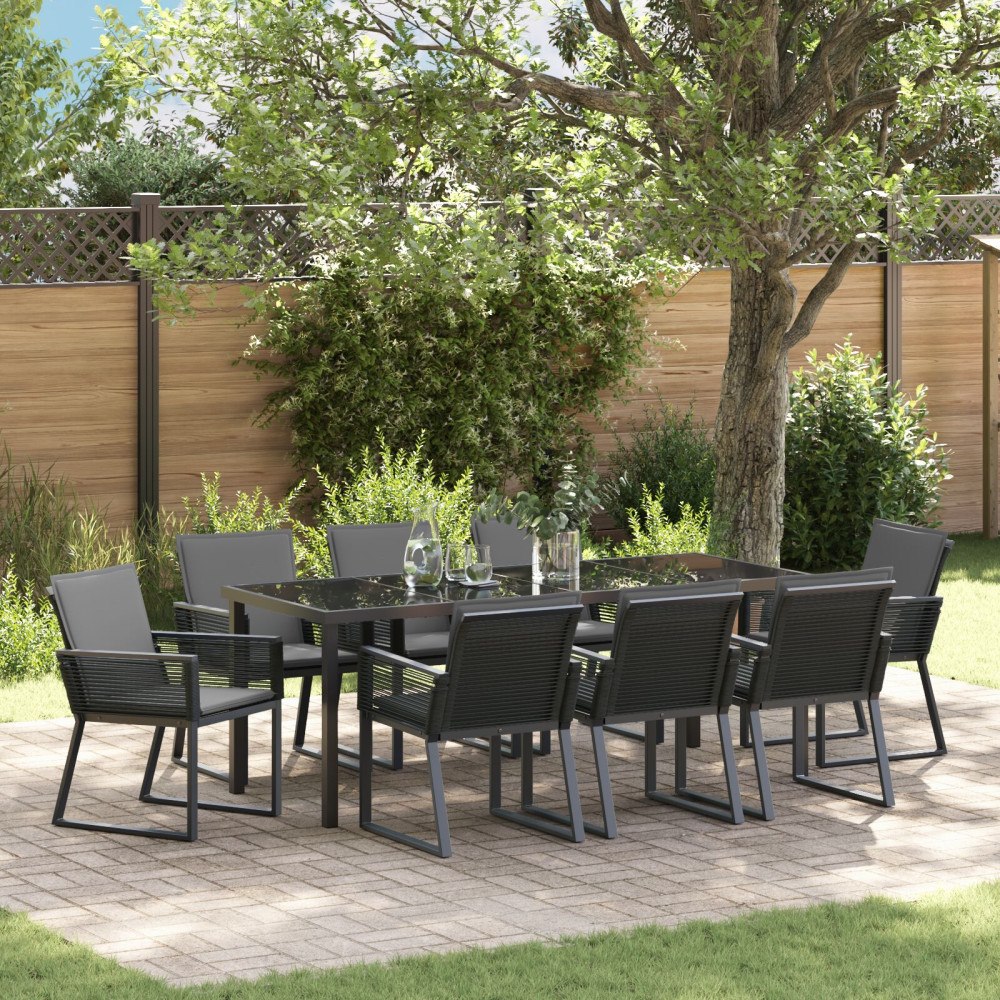 vidaXL 9-delat Trädgårdsdining Set med Kuddar Svart Poly Rattan