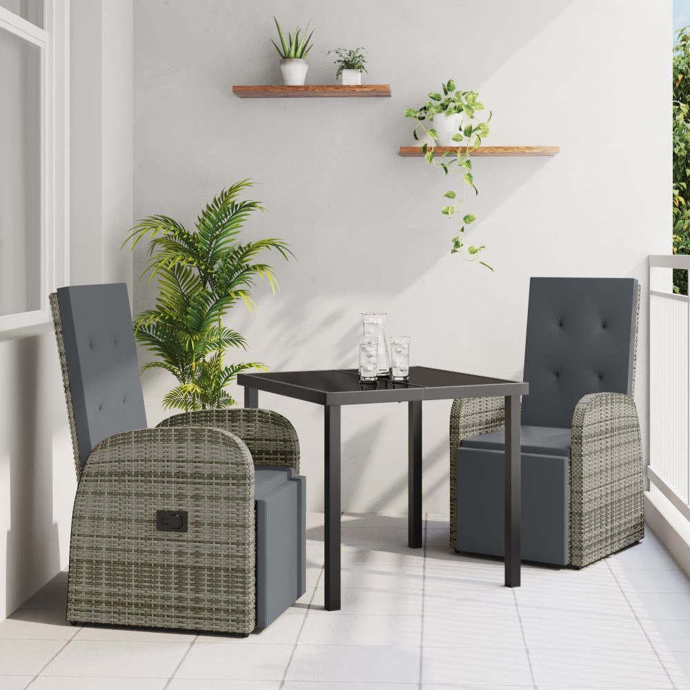vidaXL 3 delars trädgårdsset med dynor grå poly rattan