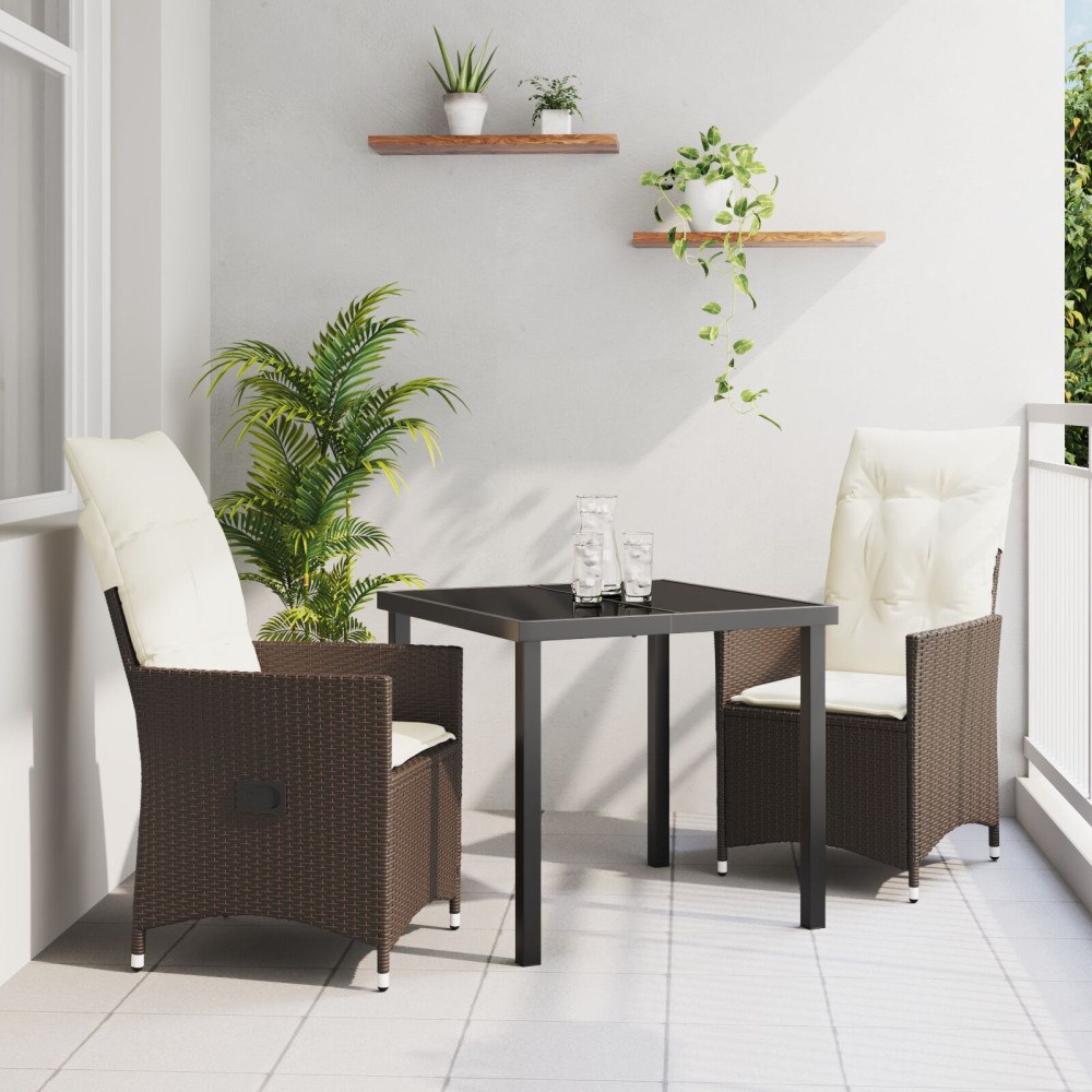 vidaXL 3-dels Trädgårdsdining Set med Kuddar Brun Poly Rottning