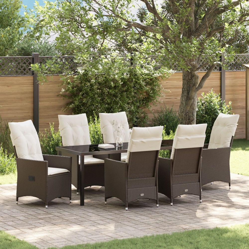 vidaXL 7 Delar Trädgårds Dining Set Med Kuddar Brun Poly Rattan