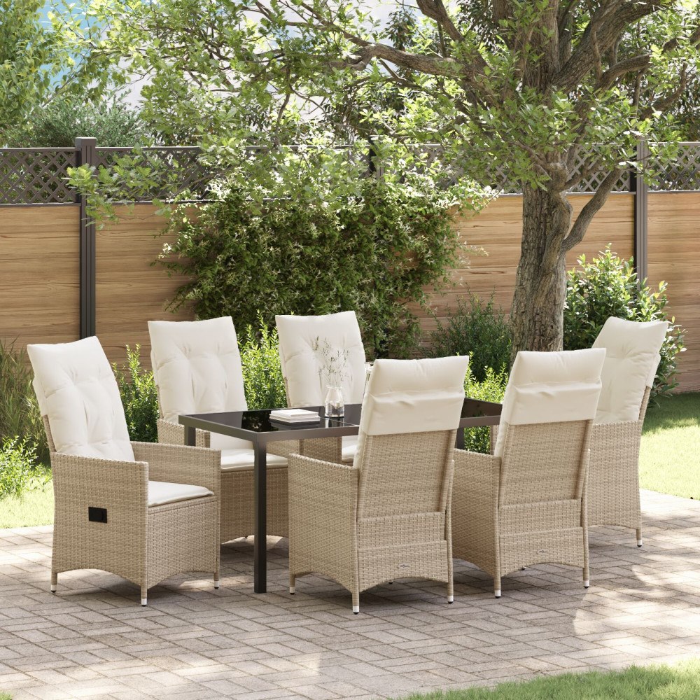 vidaXL 7-delat Trädgårdsdining Set med Kuddar, Beige Poly Rattan