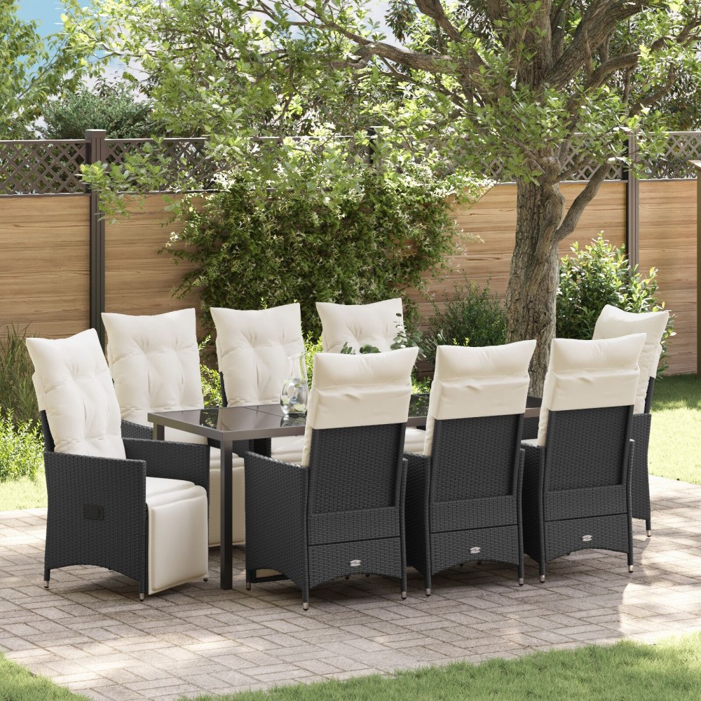 vidaXL 9 Dela Trädgårds Matbord Set med Kuddar Svart Poly Rattan