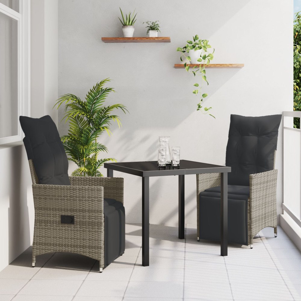 vidaXL 3-delars trädgårdsdining-set med kuddar Grå Poly Rattan