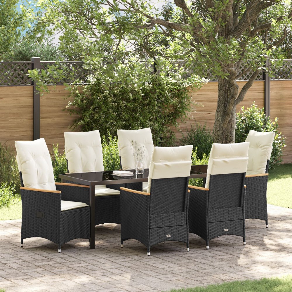vidaXL 7 Bitars Trädgårdsdining Set med Kuddar Svart Poly Rattan