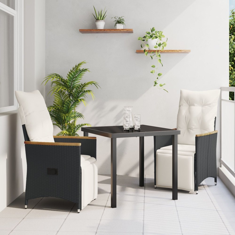 vidaXL 3-delat trädgårdsset med kuddar svart poly-rattan