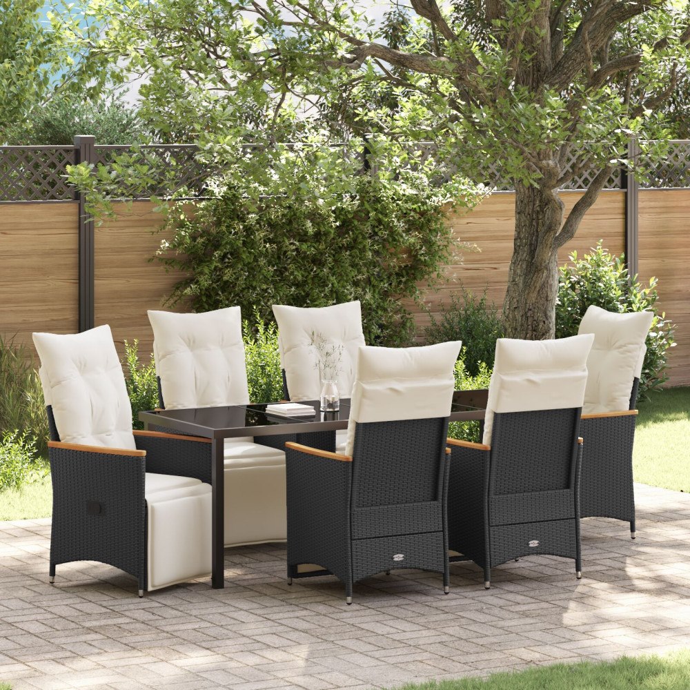 vidaXL 7 Delars Trädgårdsdining Set med Kuddar Svart Poly Rattan