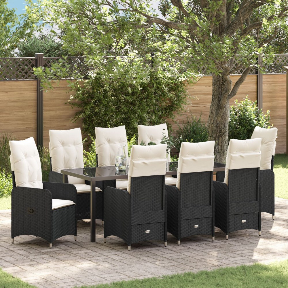 vidaXL 9 Dela Trädgårdsdining Set med Kuddar Svart Poly Rattan