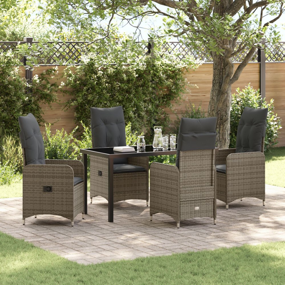 vidaXL 5 Delars Trädgårds Dining Set med Kuddar Grå Poly Rattan