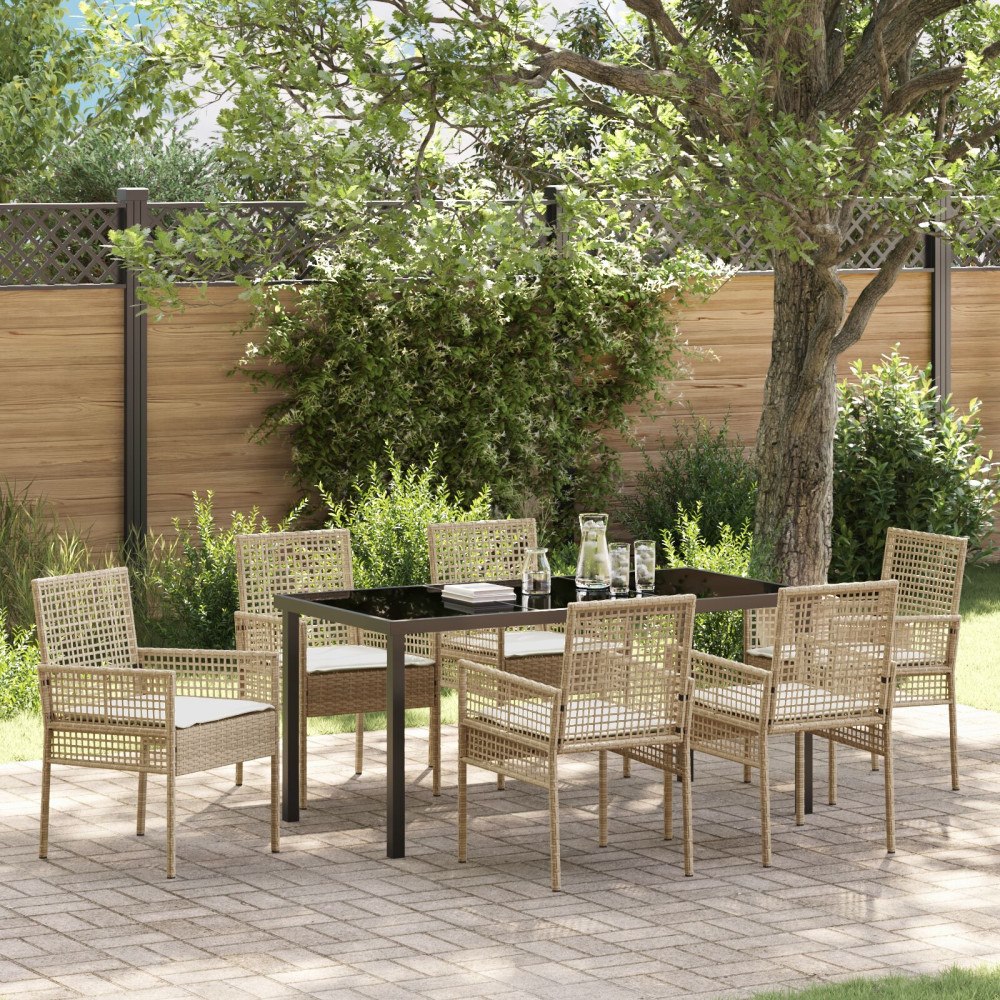 vidaXL 7-delad trädgårdsmatgrupp med kuddar Beige Poly Rattan