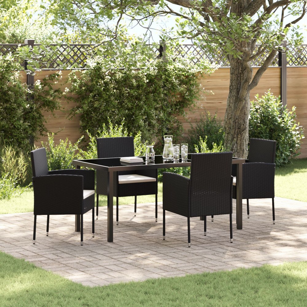 vidaXL 5-delars trädgårdsdining set med kuddar svart poly rattan