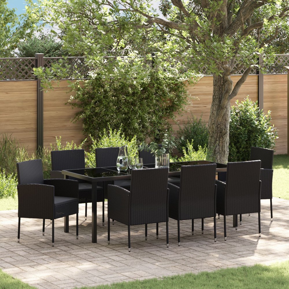 vidaXL 9-delat trädgårdsdining-set med kuddar, svart poly-rattan