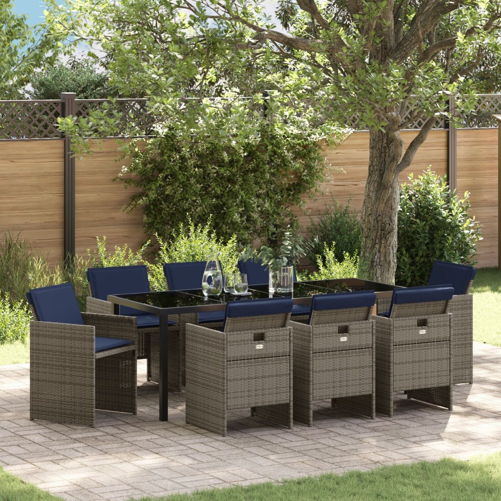 vidaXL Trädgårdsmöbelset med kudde Hopfällbar 9 pcs Grå Poly rattan