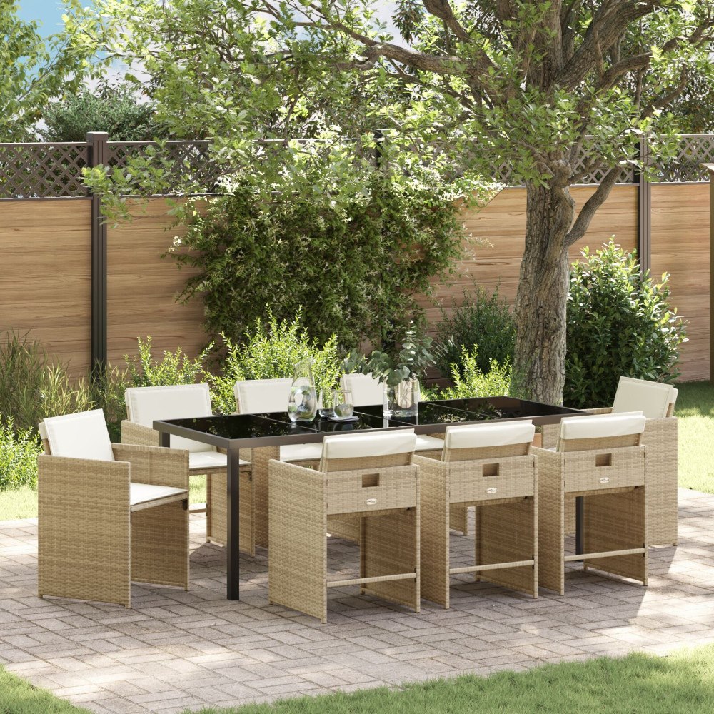vidaXL 9-delars Trädgårdsbord Set med Kuddar Beige Poly Rattan