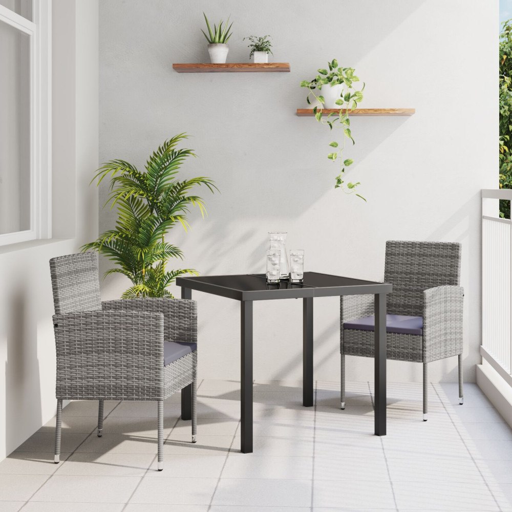 vidaXL 3 Delar Trädgårdsdining Set med Kuddar Grå Poly Rattan