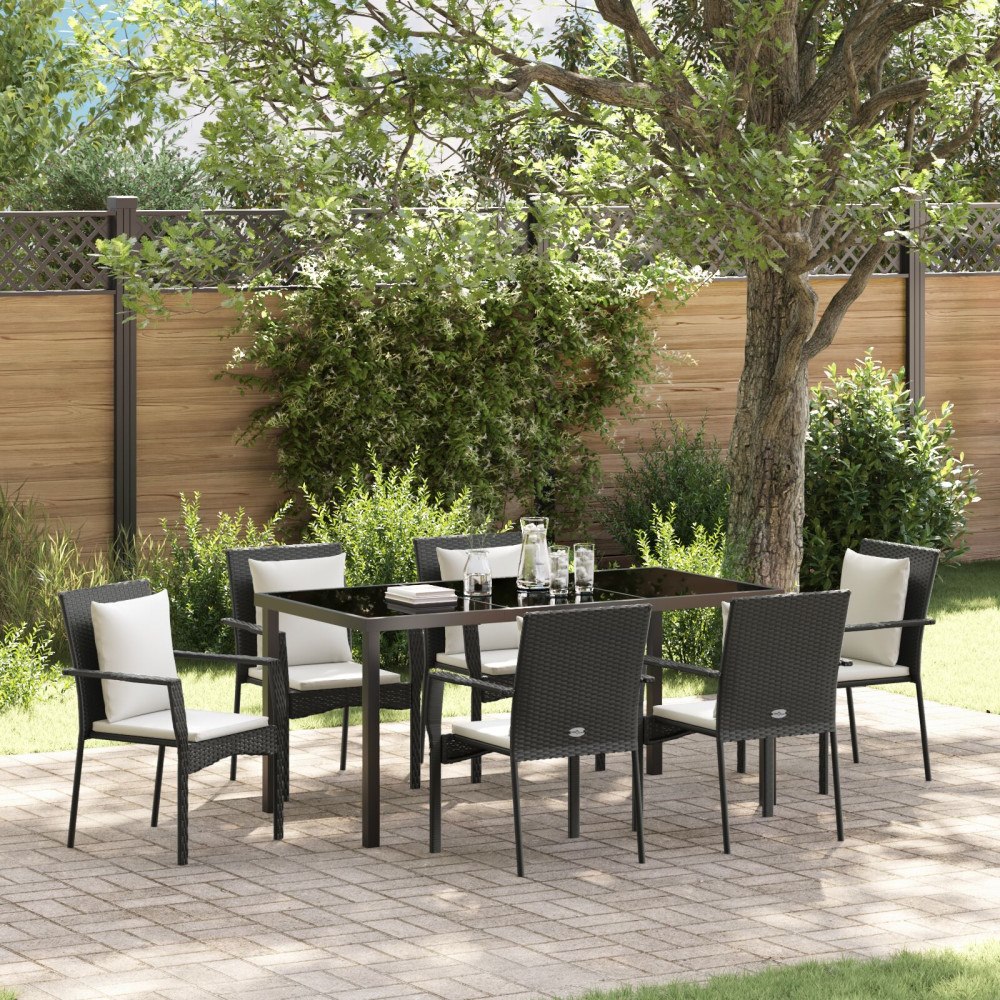 vidaXL 7-delat Trädgårdsdining-set med kuddar Svart Poly Rattan