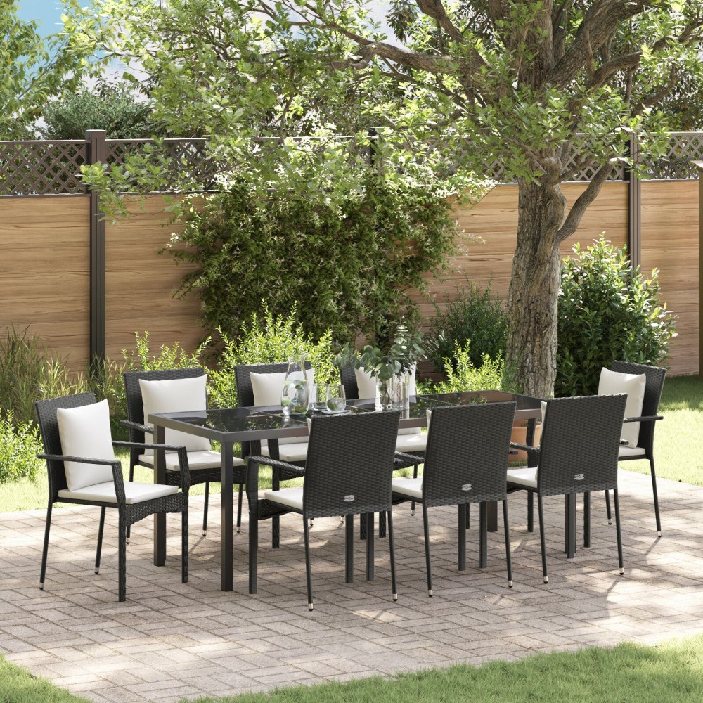 vidaXL 9-delars Trädgårdsdining set med kuddar Svart Poly Rattan