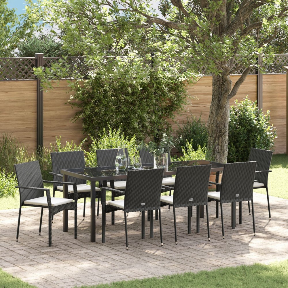 vidaXL Trädgårdsmöbelset med kudde 9 pcs Svart konstrotting