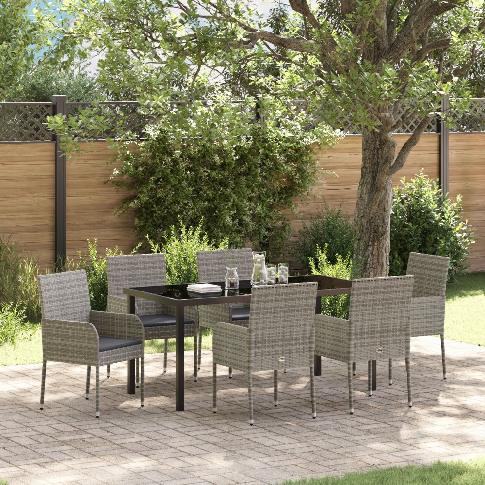 vidaXL 7-delade trädgårdsdining set med kuddar Grå Poly Rattan